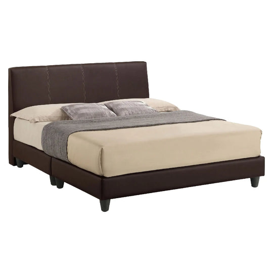 Bed with brown upholstered headboard and beige mattress on a white background