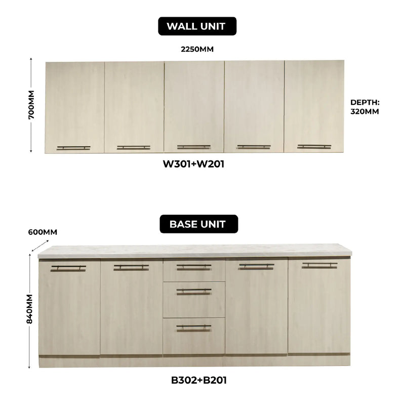Dimensions of wall and base kitchen units with labels and measurements.