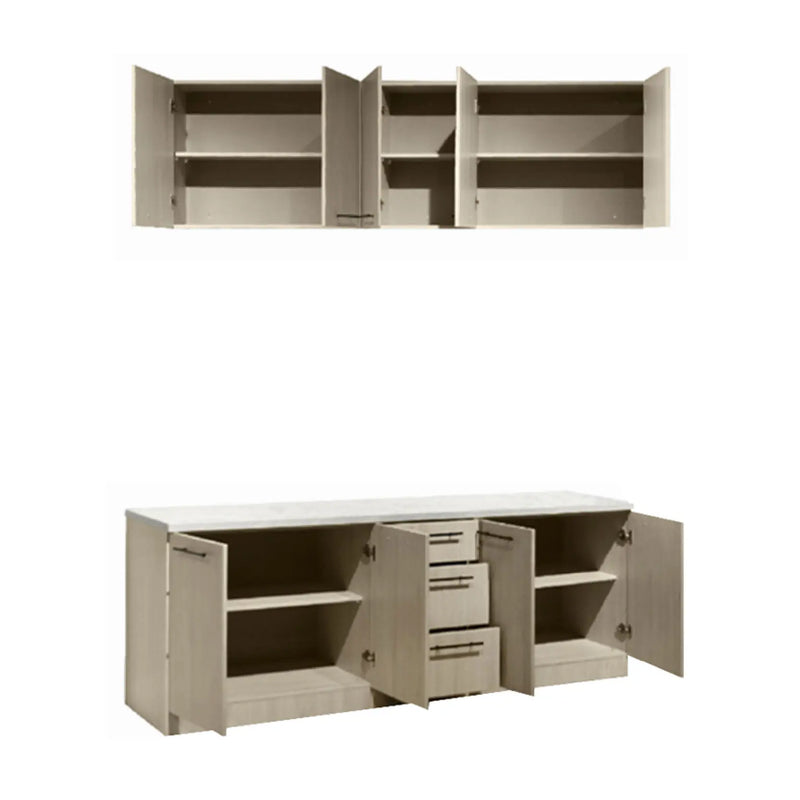 Beige kitchen cabinet with open doors and drawers on a white background