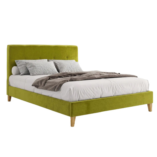 Green bed frame with white bedding and gray pillows on a white background