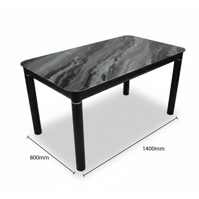 Dining table with black marble-like top and legs, shown with dimensions on a white background.
