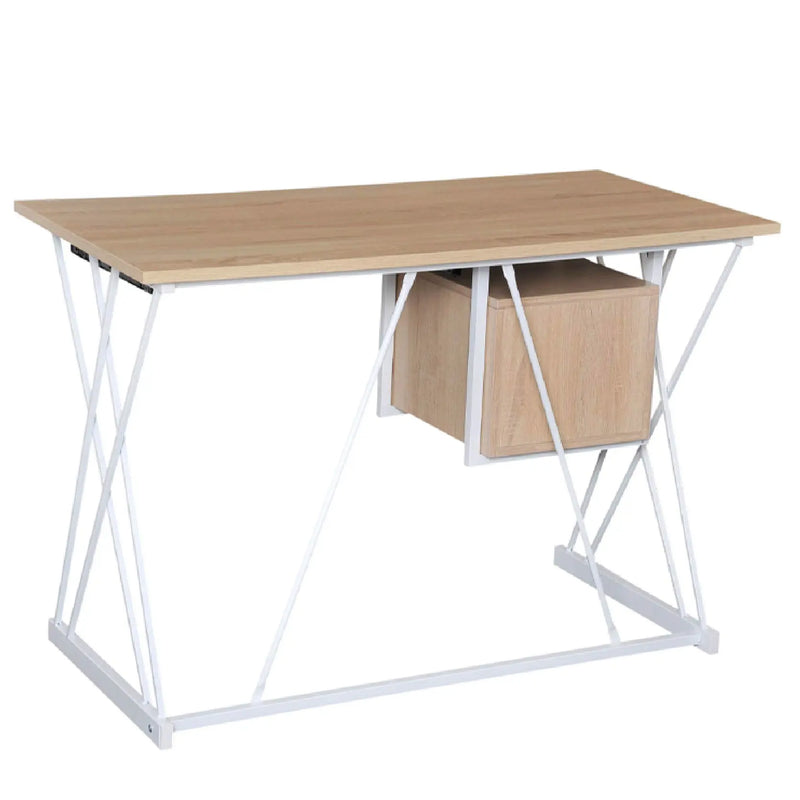 Wooden desk with white metal frame on a white background