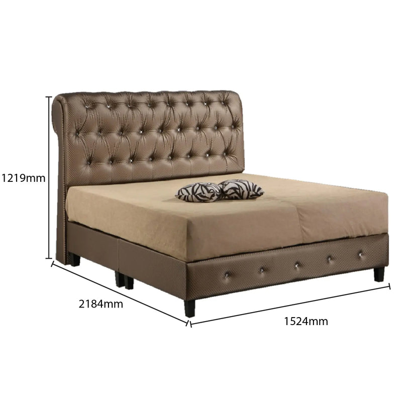 Brown upholstered bed with dimensions labeled on a white background