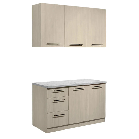 Beige kitchen cabinet set with a countertop on a white background