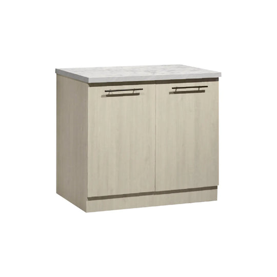 Beige kitchen cabinet with marble countertop on a white background
