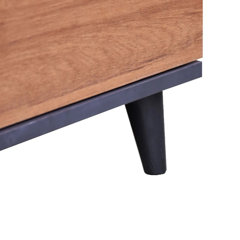 Wooden surface with a dark metal leg on a white background