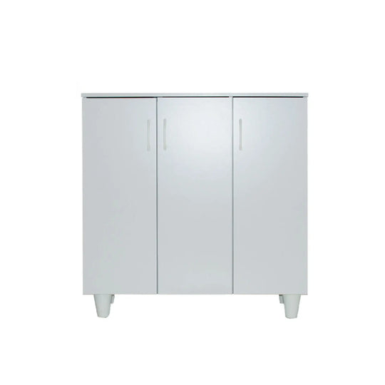 White cabinet with three doors on a white background