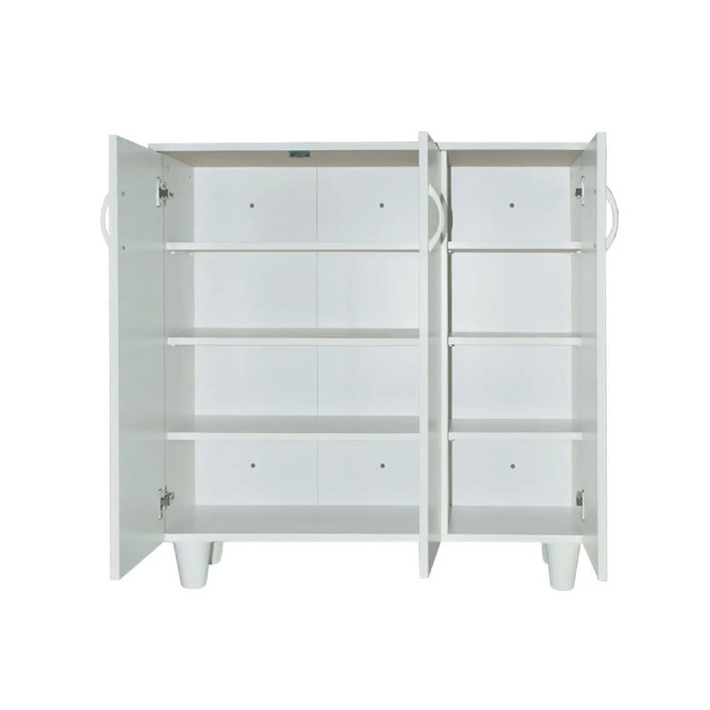 White cabinet with open doors on a white background