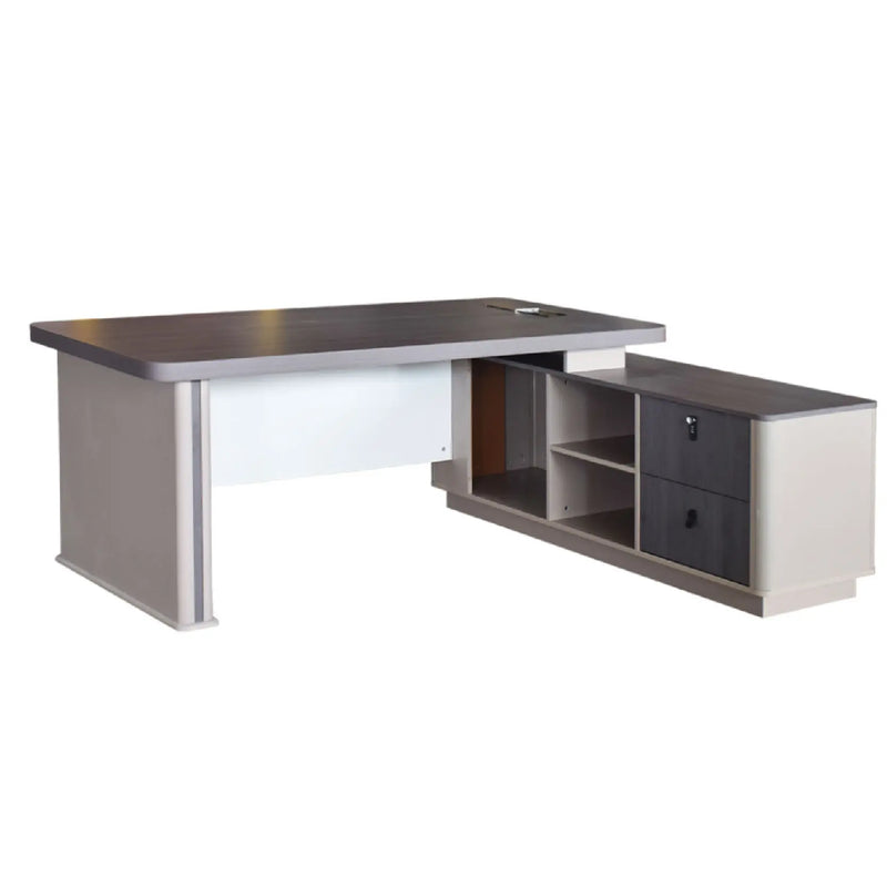 Gray office desk with storage shelves and drawers on a white background