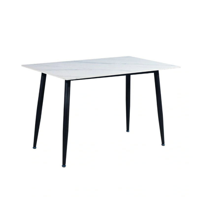 Rectangular table with white top and black legs on a white background