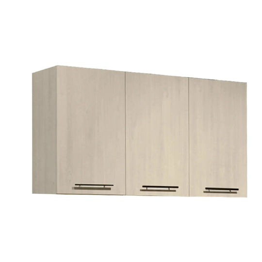Beige wall cabinet with three doors on a white background