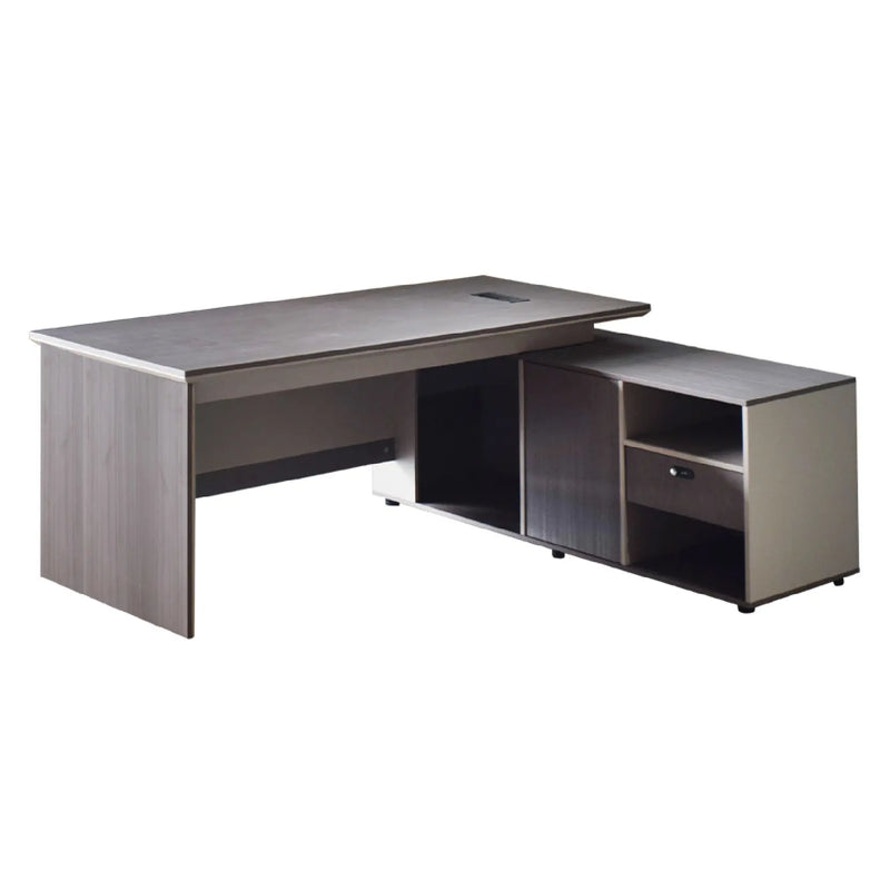 Corner office desk with a dark wood finish on a white background