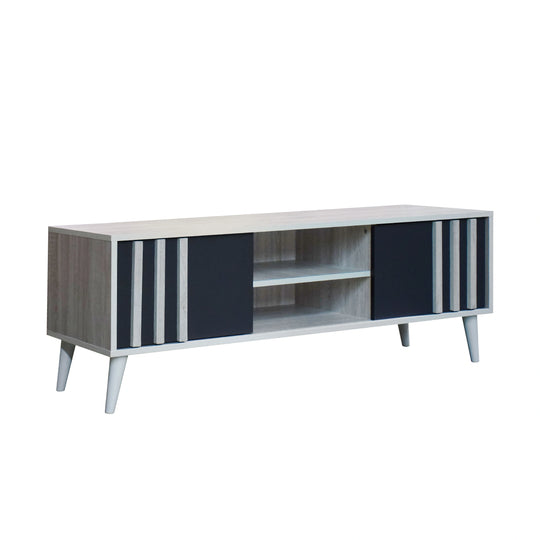 Modern TV stand with black and white design on a white background