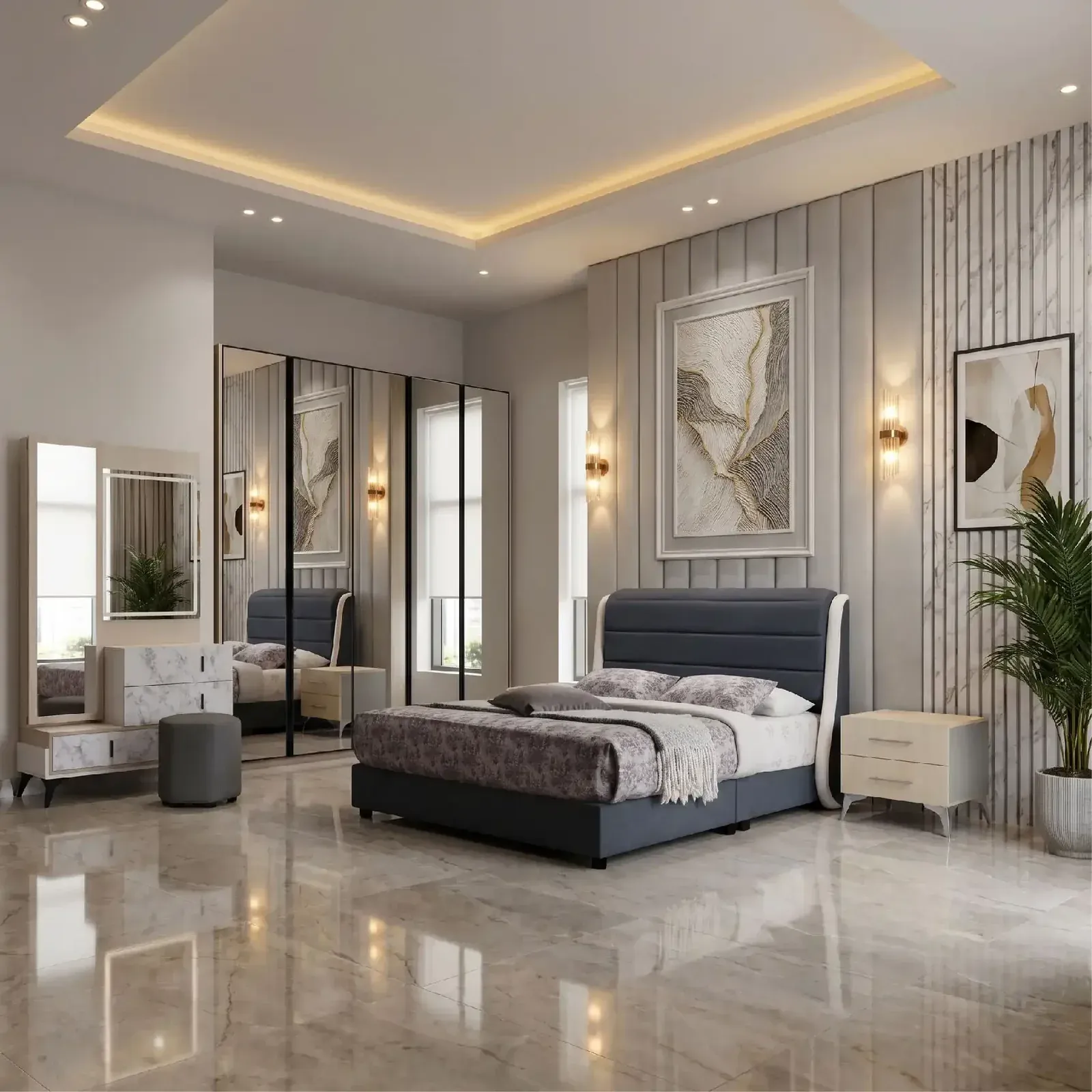Modern master bedroom with a marble-finish dressing table and tall mirror, navy wingback bed, mirrored sliding wardrobe and matching nightstands
