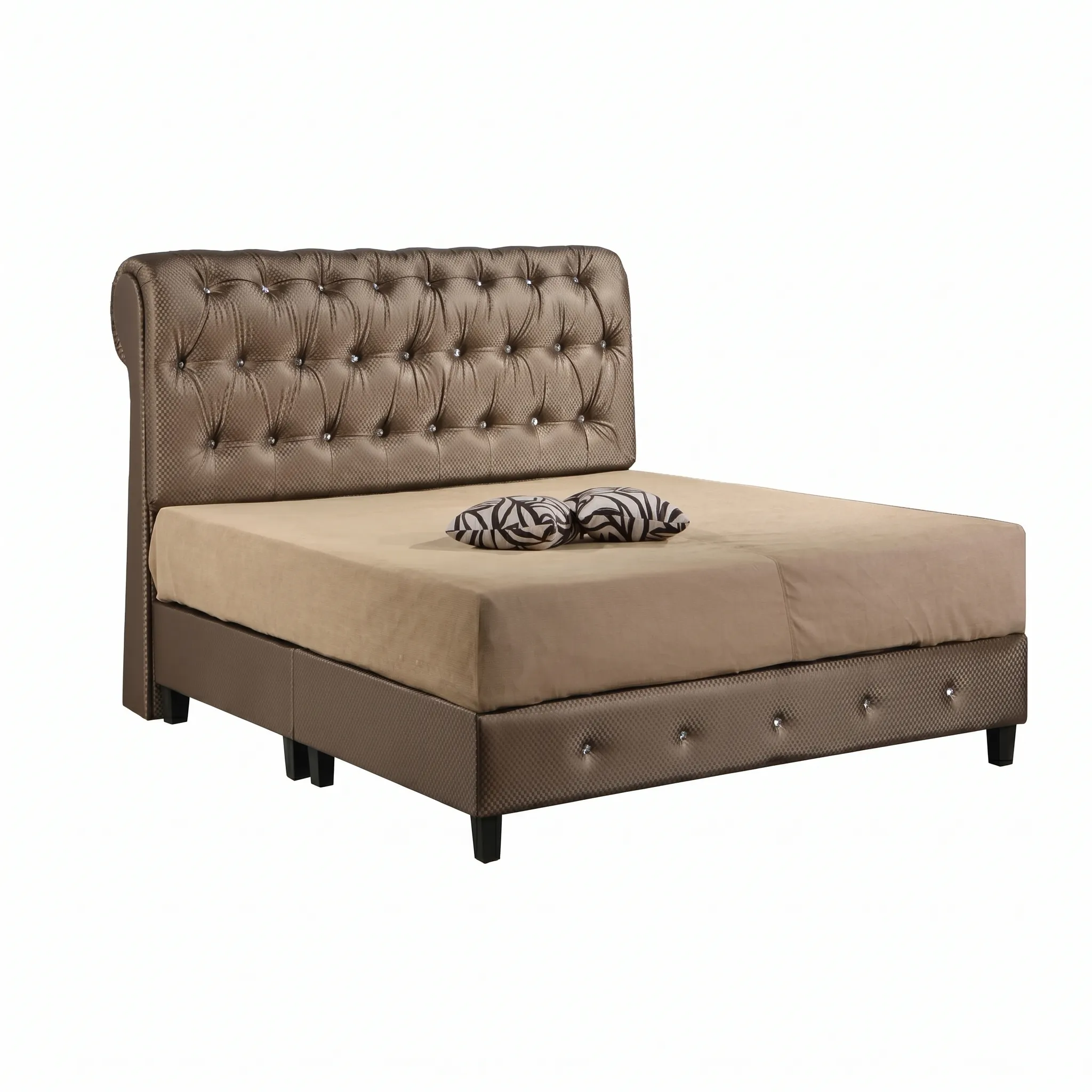 Beige bed with tufted headboard and matching dresser.