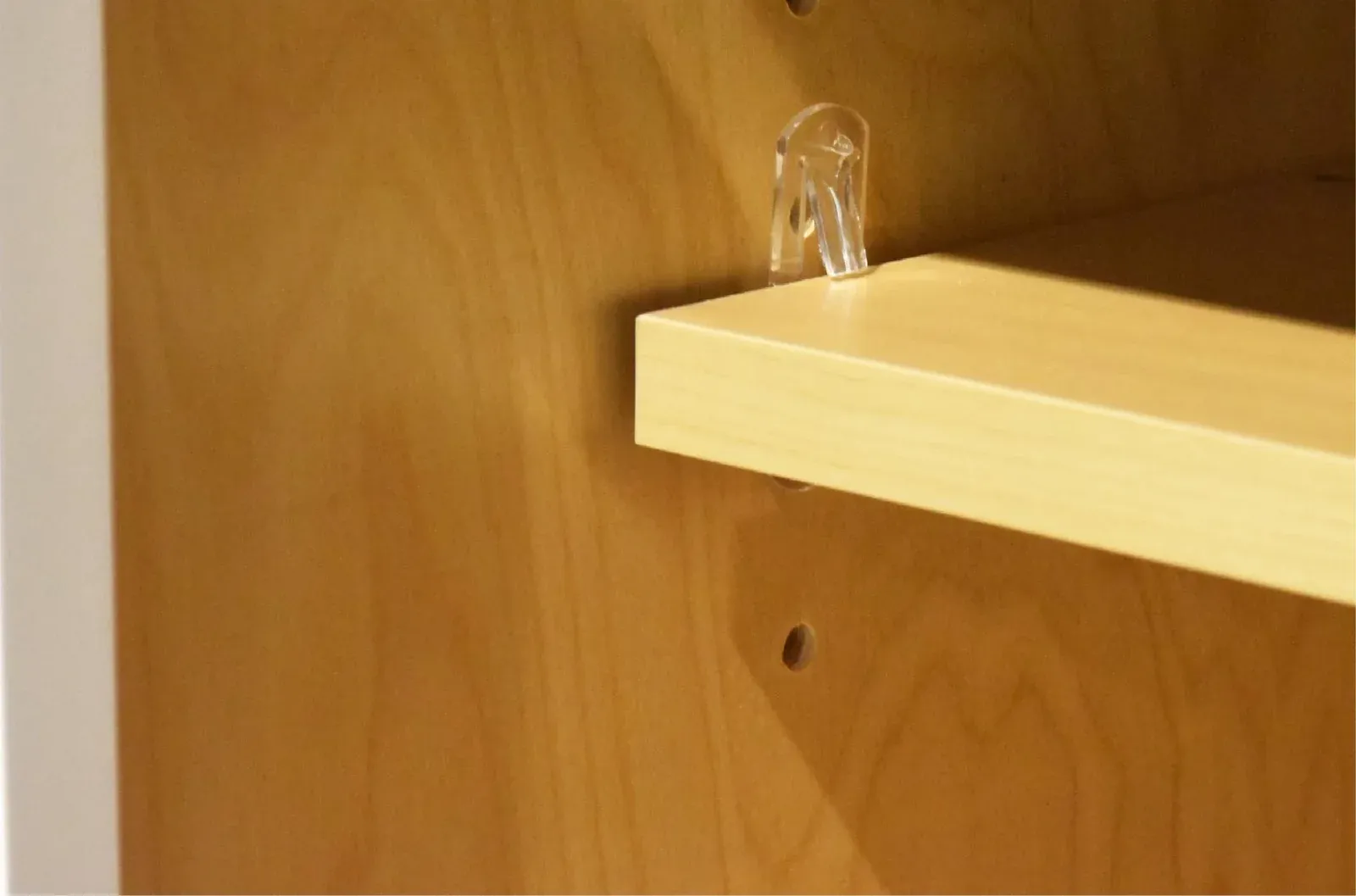 Adjustable shelf resting on clear supports inside a wood cabinet carcass