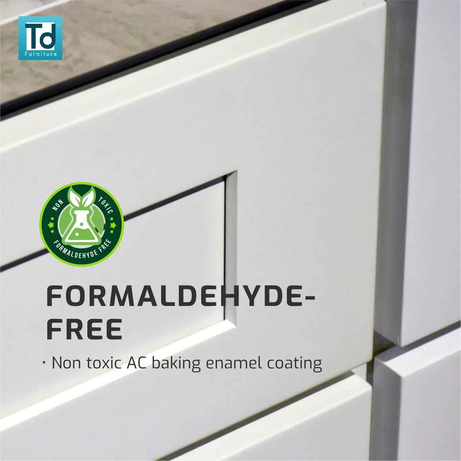 Formaldehyde-free non-toxic baking enamel coating on a white Shaker door