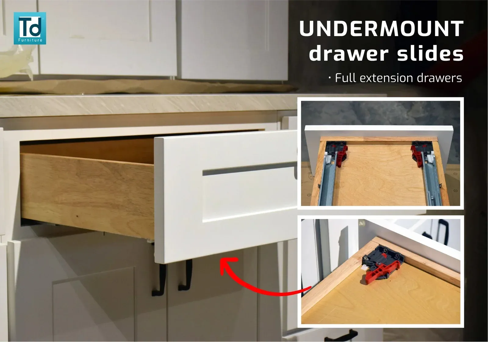 Undermount full-extension drawer slides shown beneath an open drawer, with inset close-ups of the runner