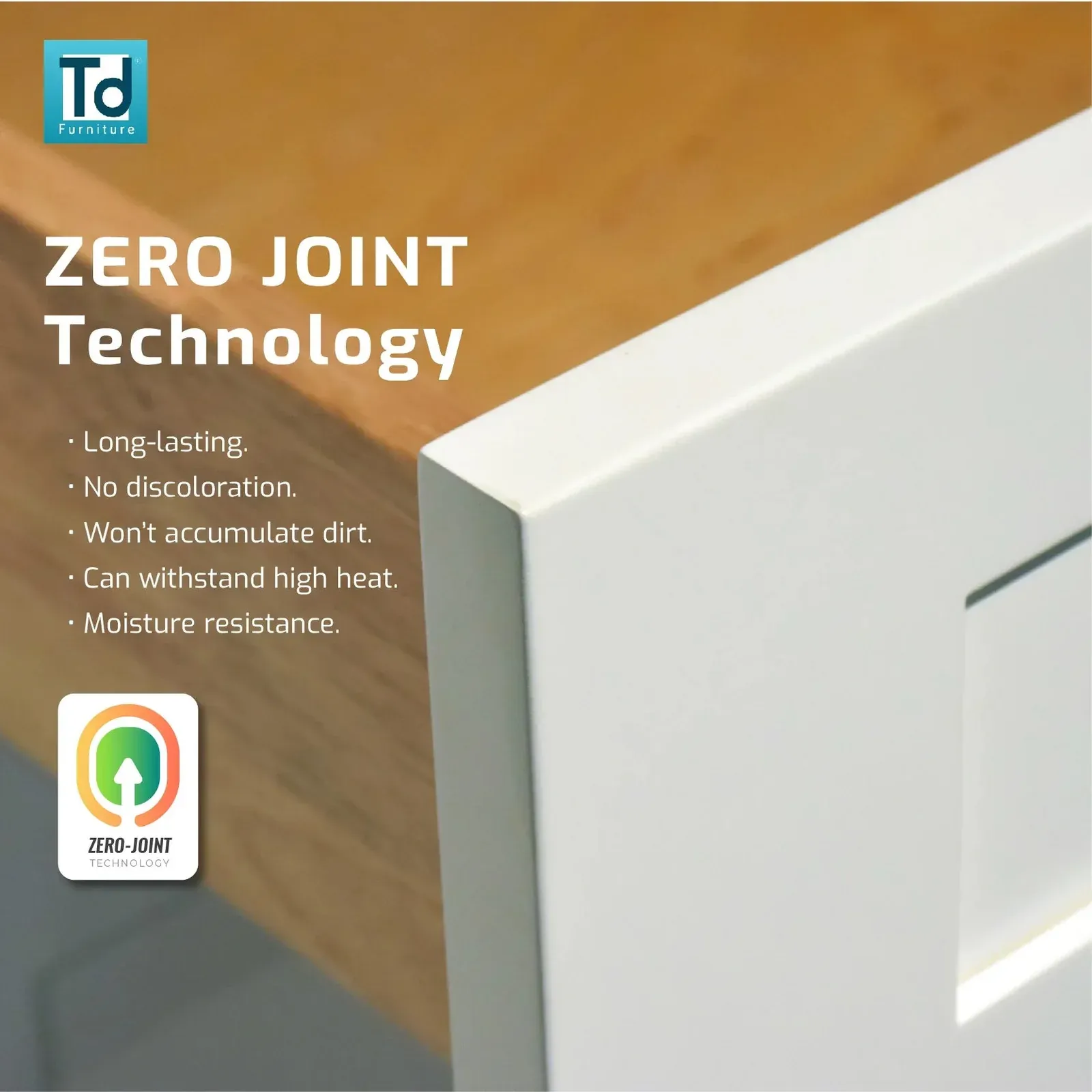 Seamless Zero Joint edge on a white cabinet door