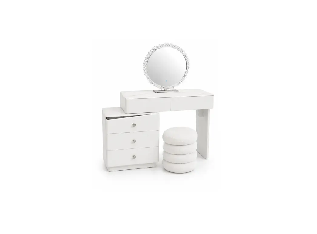 White Evelyn dressing table with an LED ring mirror, matching drawer chest and round stool