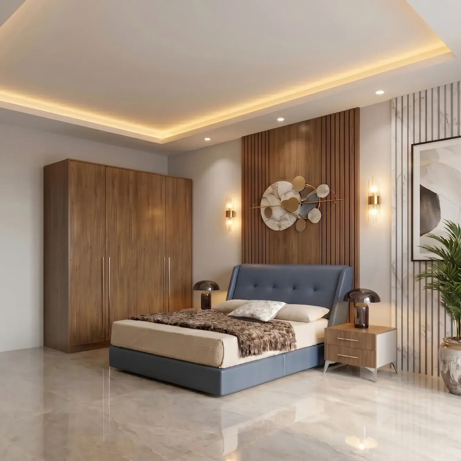 Almari pakaian built-in moden di bilik tidur Malaysia dengan katil dan hiasan dinding