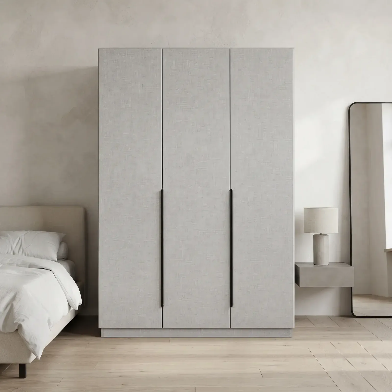 Tall two-tone wardrobe with a hanging rail and open shelves in a Malaysian bedroom