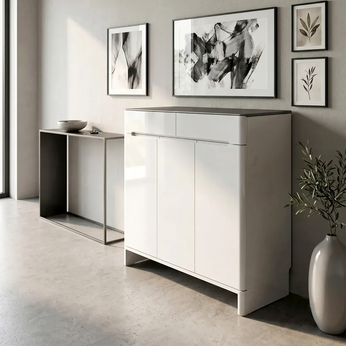 Modern white shoe cabinet in a Malaysian home entryway
