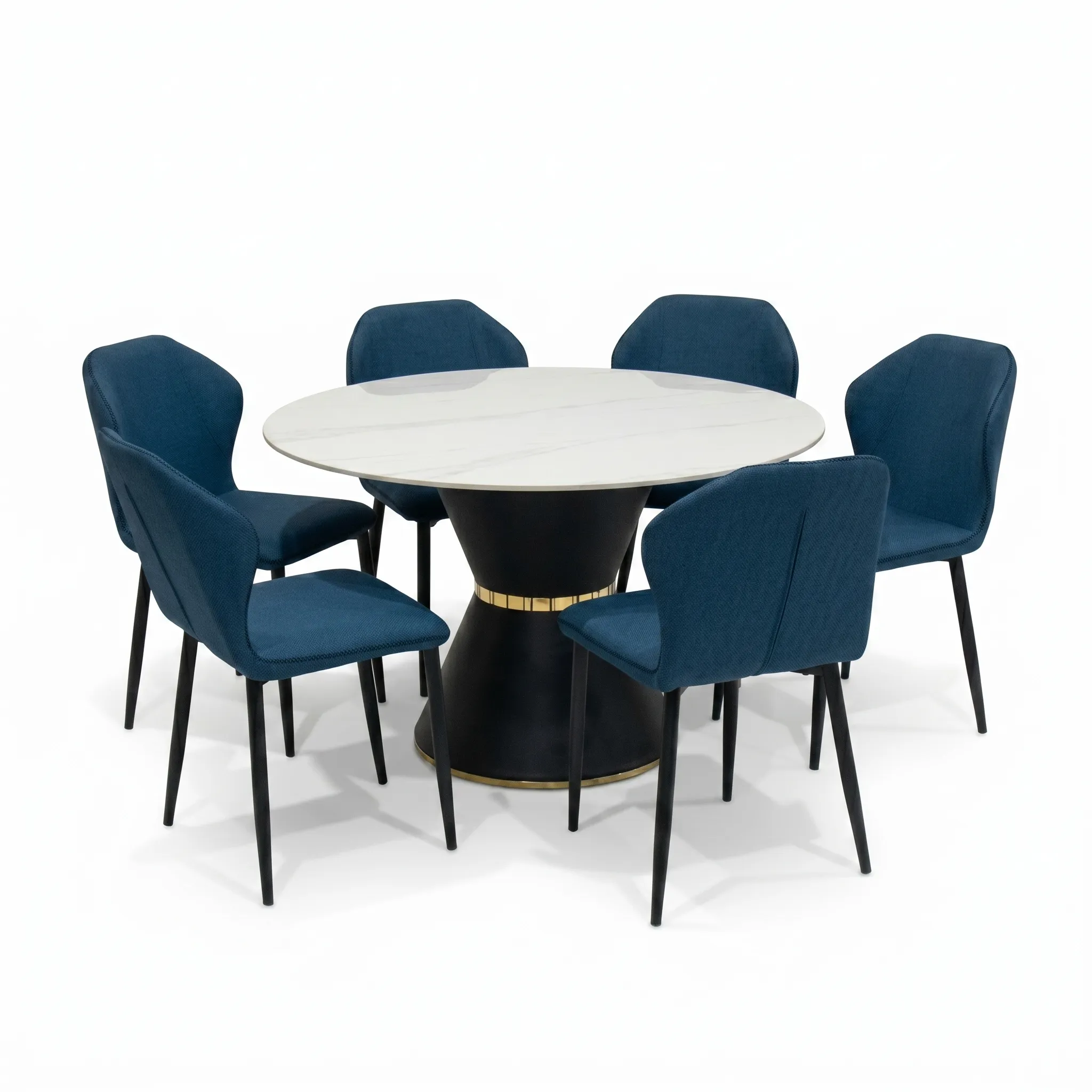 Round dining table set with upholstered chairs.