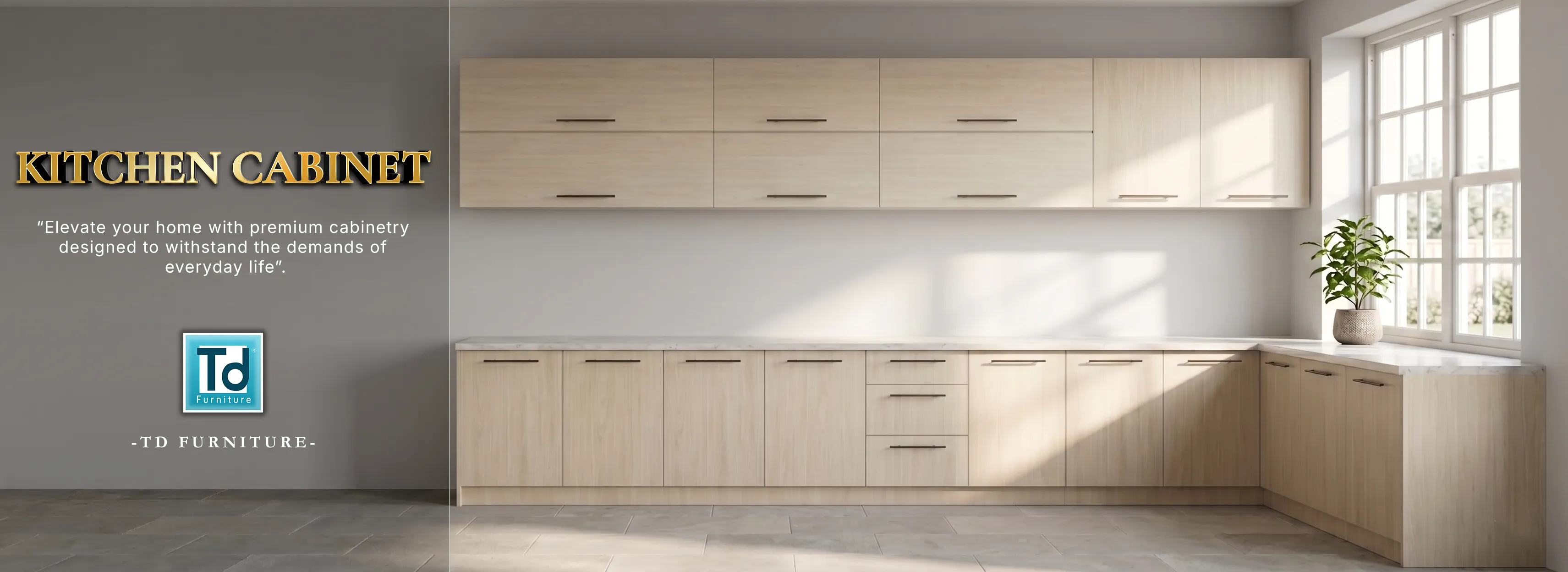 Modern white kitchen cabinet with black countertops and marble backsplash by TD Furniture.