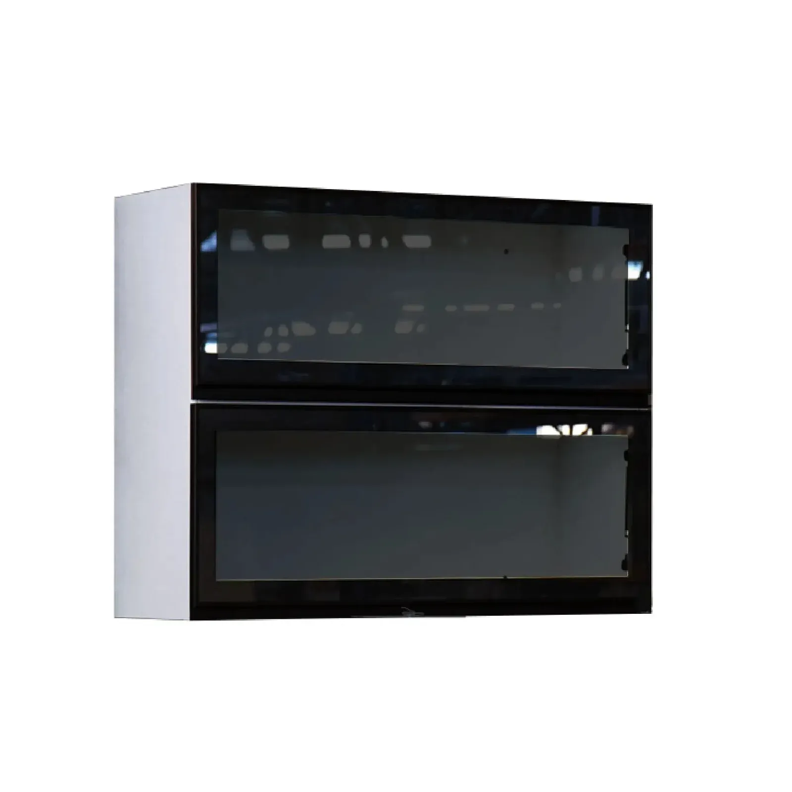 Wall cabinet with dual aluminium-framed flip-up doors and smoked glass panels