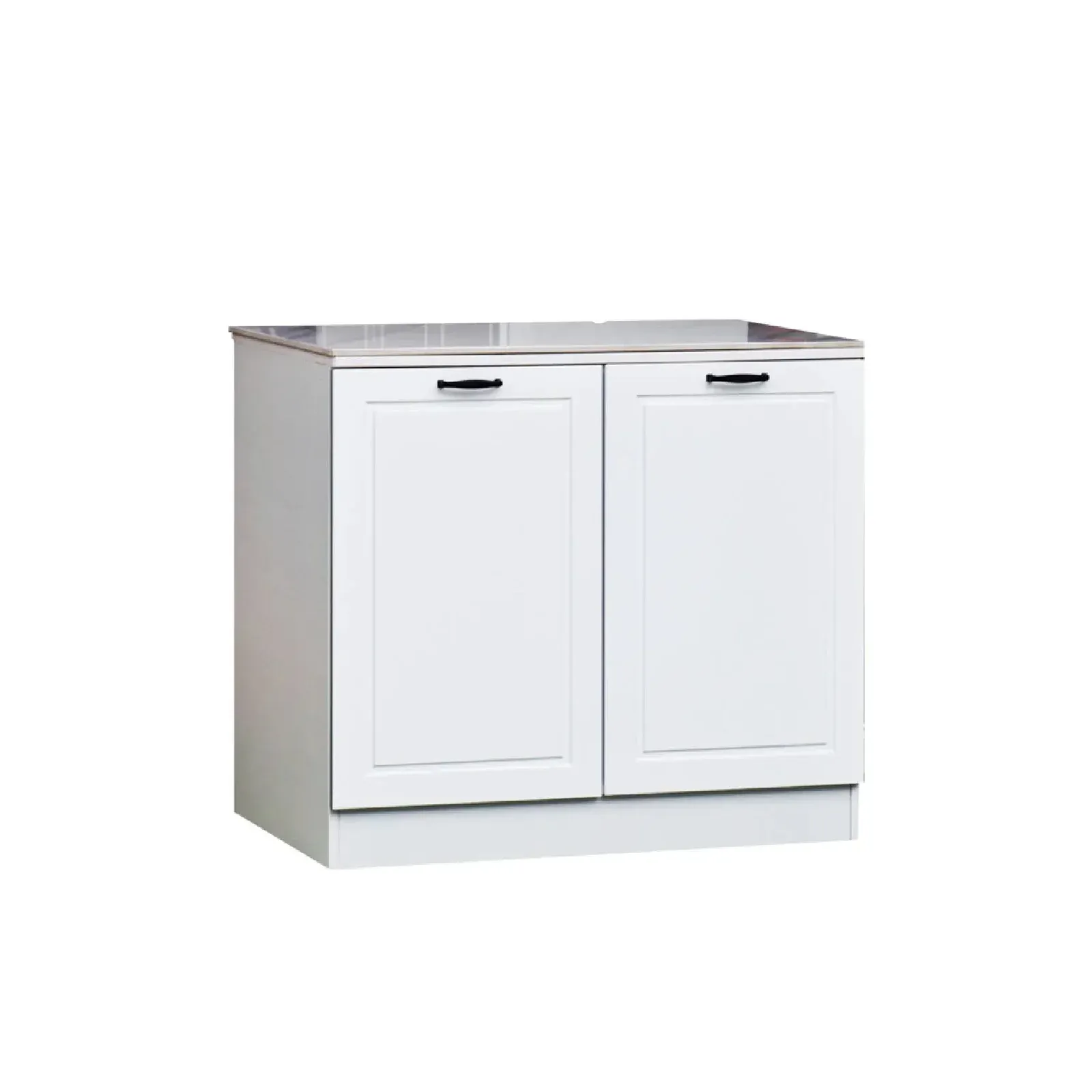 White Shaker base cabinet with two doors and a recessed centre panel, in baking-paint finish