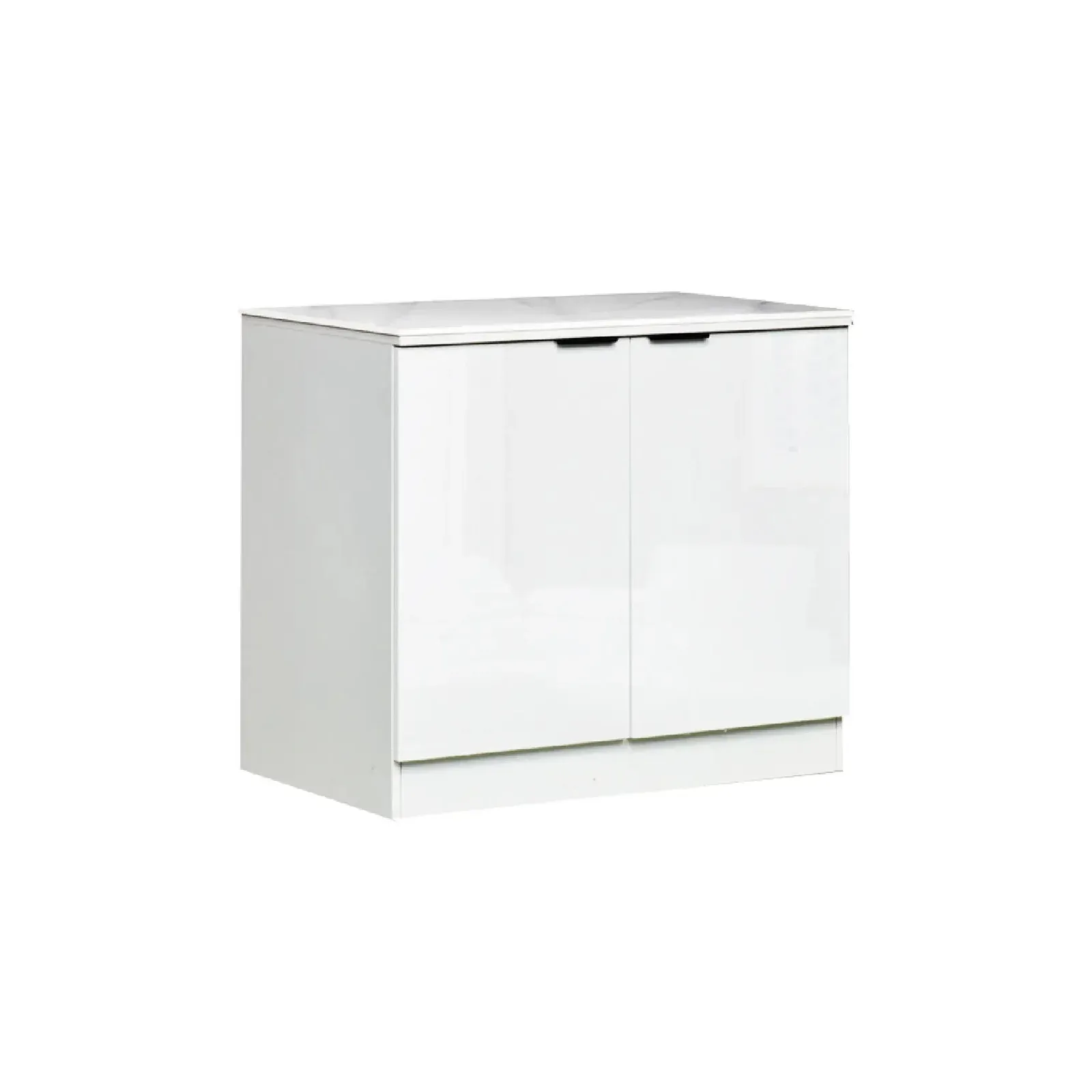 High-gloss radiant white flat-panel base cabinet with a recessed groove opening