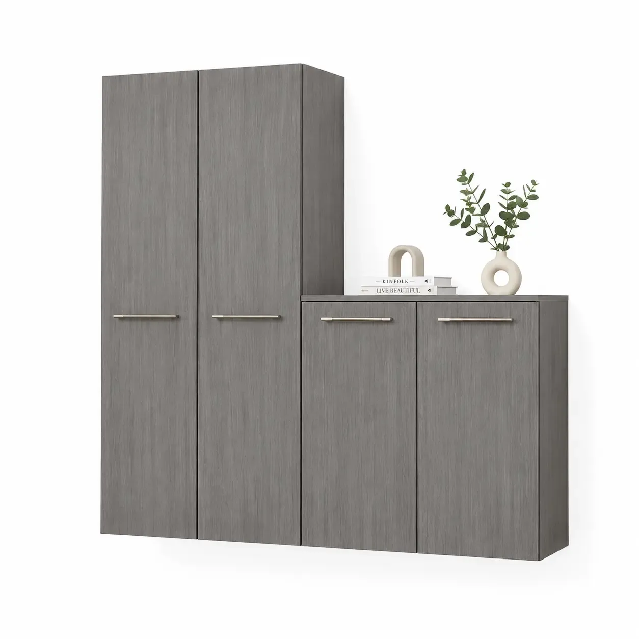Wall-mounted floating shoe cabinet set in a grey oak wood-grain finish