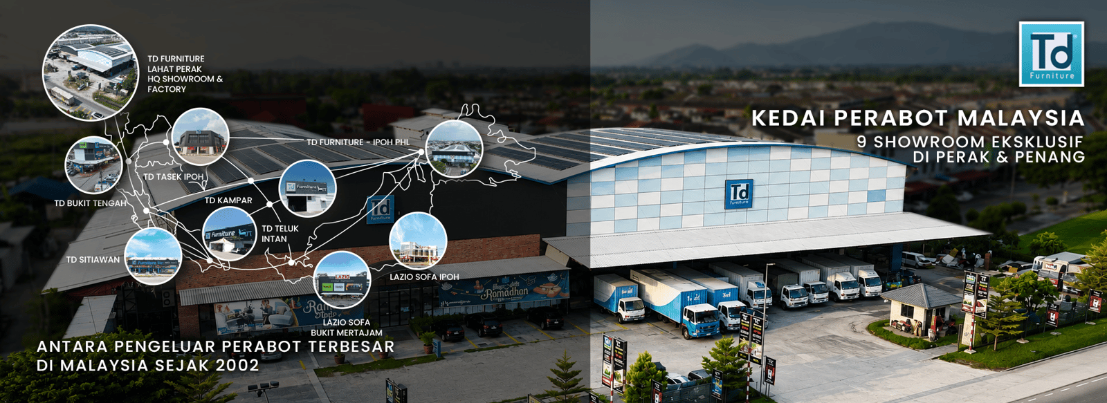 TD Furniture factory outlet exterior with parking and signage.