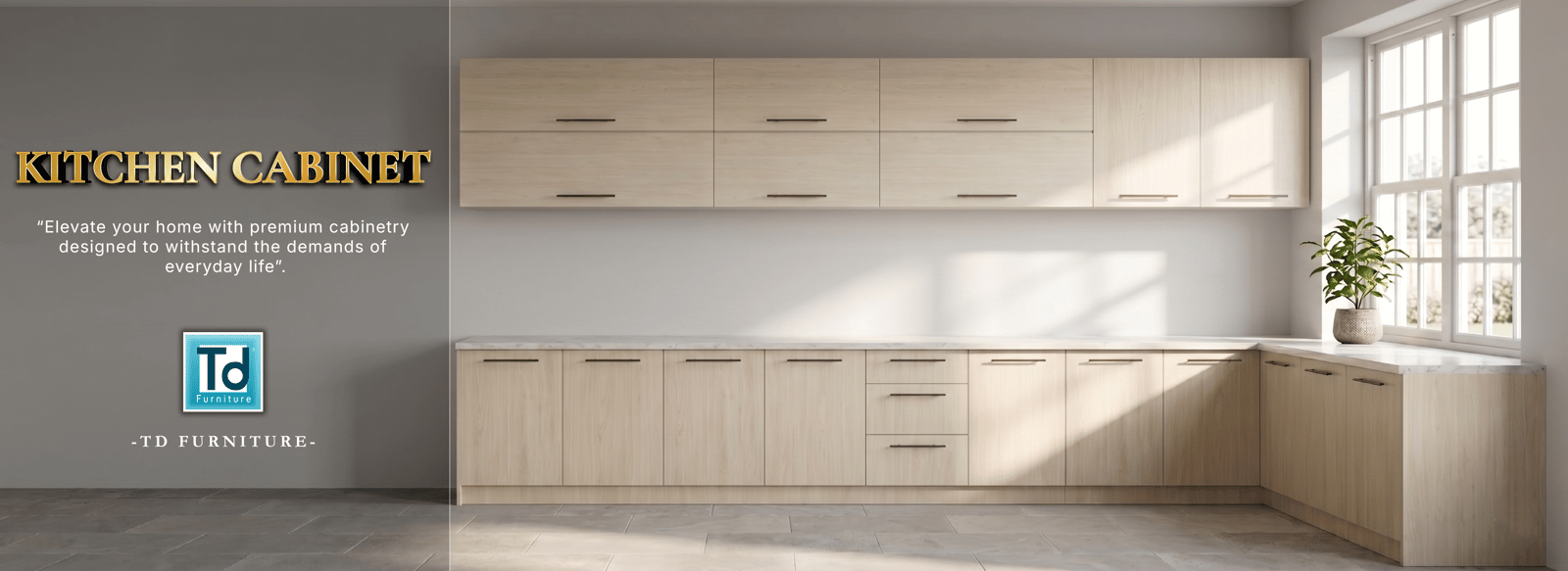 Modern white kitchen cabinet with black countertops and marble backsplash by TD Furniture.