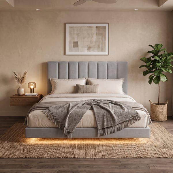 Beige bed with tufted headboard and matching dresser.