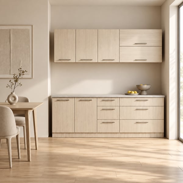 Custom-built kitchen cabinet with marble countertop.