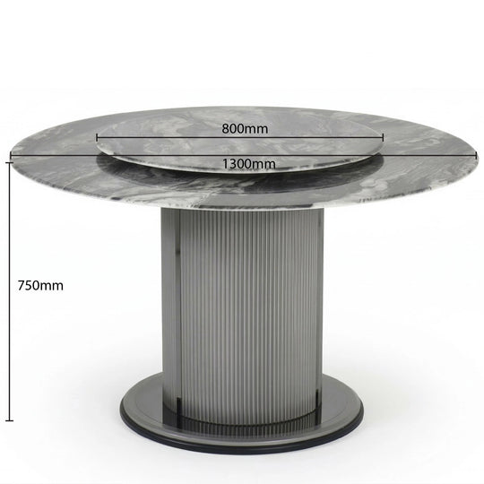 Round dining table with dimensions labeled on a white background