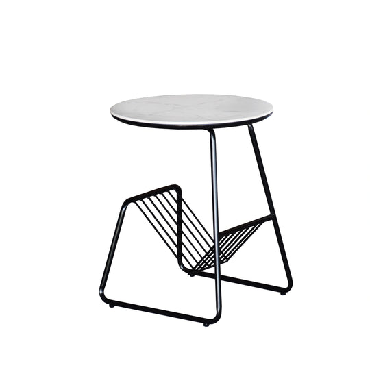 Small round table with a white top and black metal frame on a white background