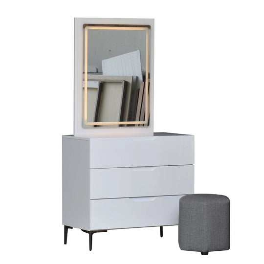 White dresser with mirror and ottoman on a white background