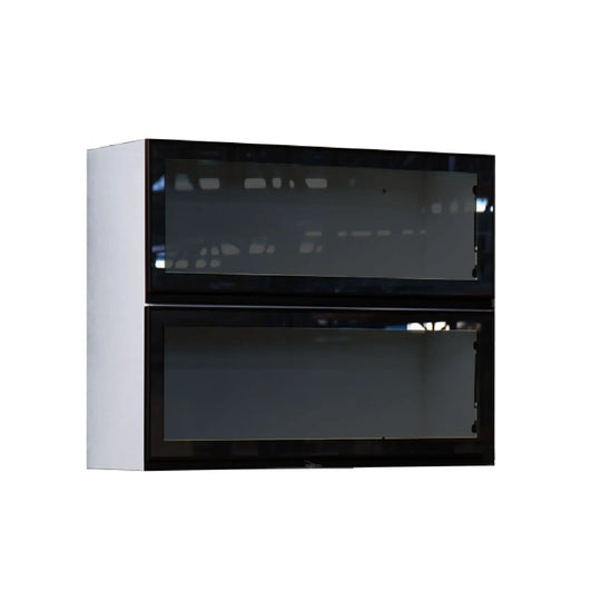 Black wall-mounted cabinet with glass doors on a white background