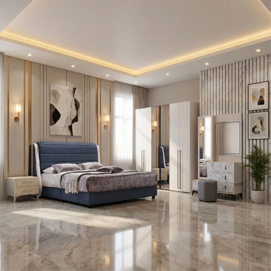 Modern bedroom with a blue bed, marble floor, and decorative wall art.