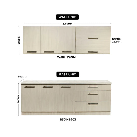 Dimensions of kitchen wall and base units with labels and measurements.