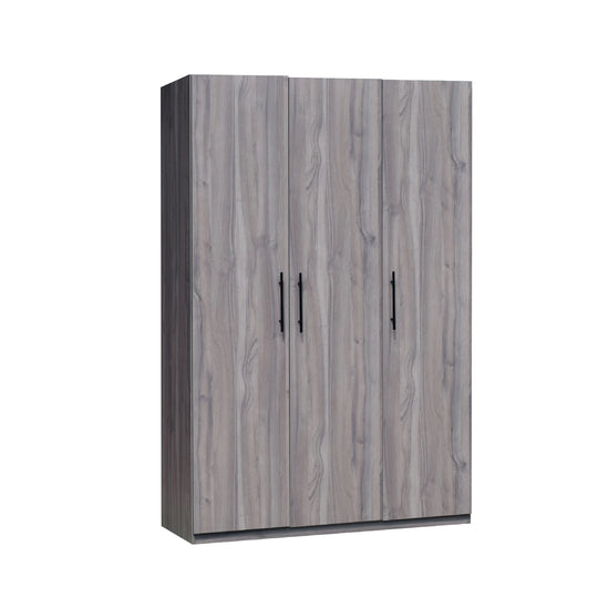 Gray wooden wardrobe with three doors on a white background