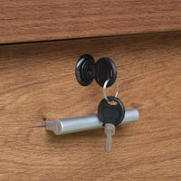 Lock mechanism on a wooden surface with keys attached