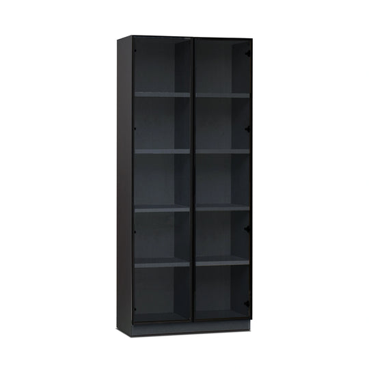 Black metal storage cabinet with multiple shelves on a white background