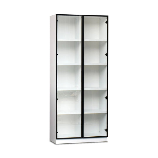 White bookshelf with black frame on a white background