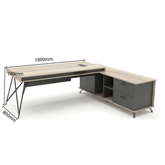L-shaped desk with dimensions labeled on a white background