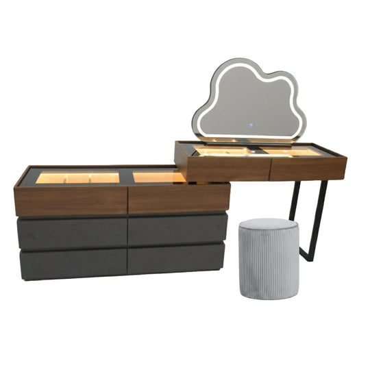 Wooden vanity table with mirror and stool on a white background