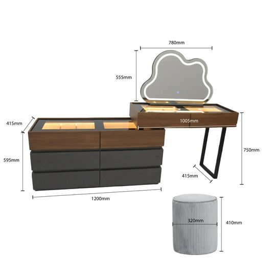 Dimensions of a vanity table with mirror and stool on a white background